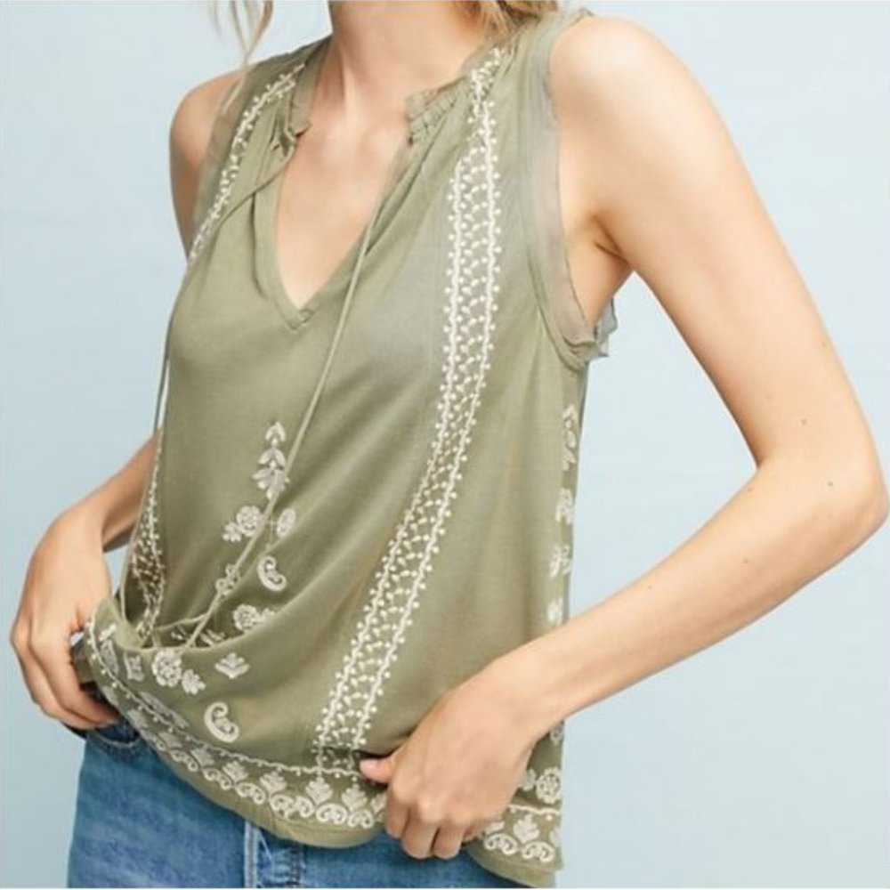 Anthropologie Chelsey Embroidered Tank by Akemi + Kin in Moss --Size Small - NWT